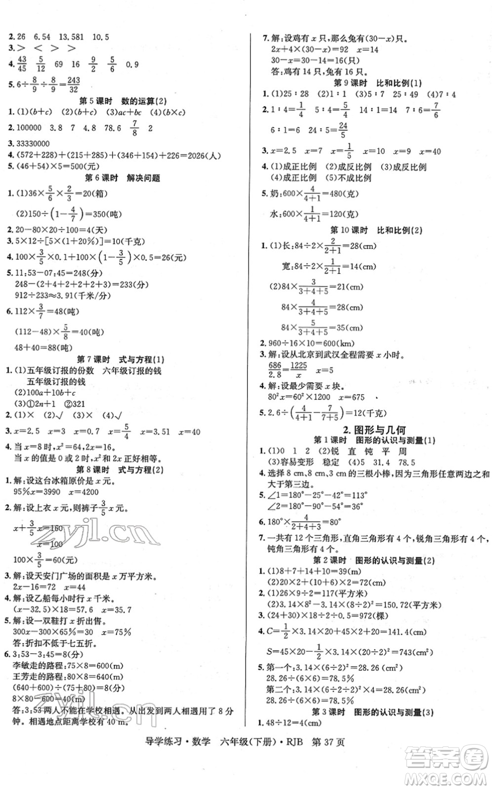 延邊教育出版社2022樂享數(shù)學(xué)導(dǎo)學(xué)練習(xí)六年級(jí)下冊(cè)RJB人教版答案