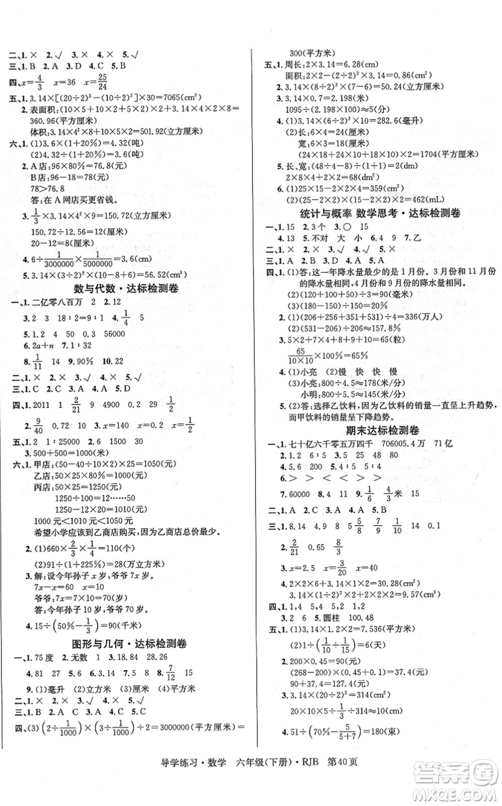 延邊教育出版社2022樂享數(shù)學(xué)導(dǎo)學(xué)練習(xí)六年級(jí)下冊(cè)RJB人教版答案