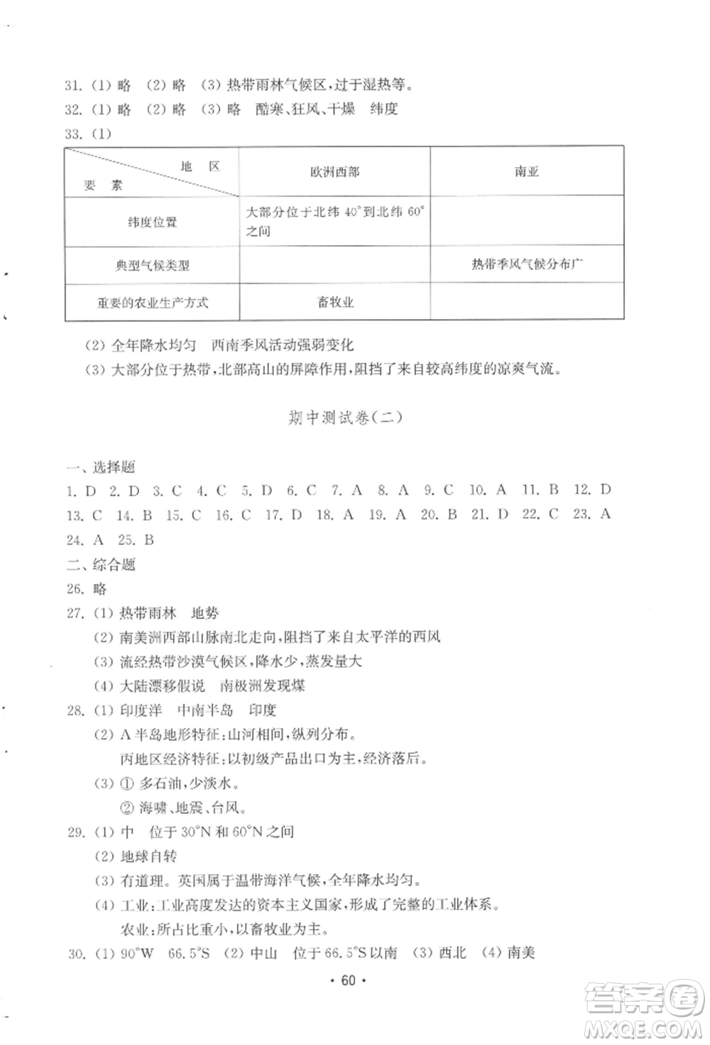 山東教育出版社2022初中基礎訓練七年級下冊地理湘教版參考答案