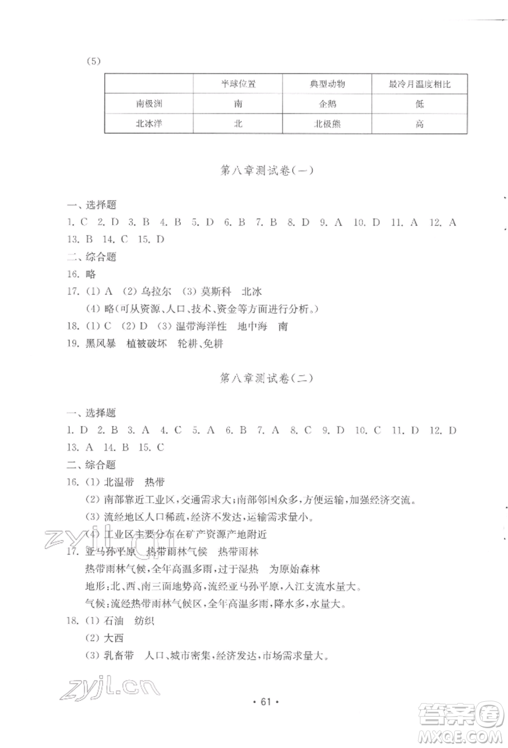 山東教育出版社2022初中基礎訓練七年級下冊地理湘教版參考答案