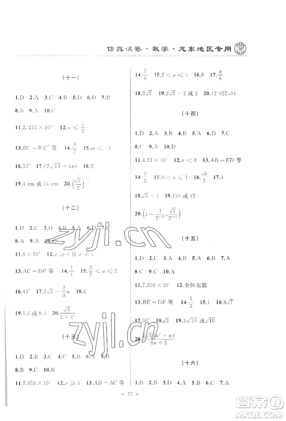 延邊人民出版社2022仿真試卷數(shù)學(xué)通用版龍東地區(qū)專(zhuān)版參考答案