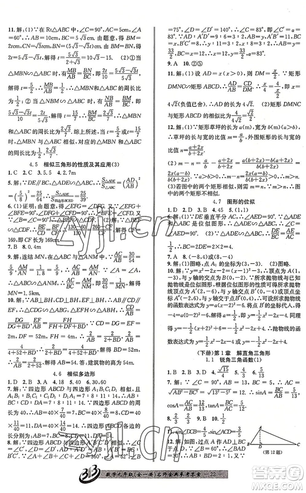 云南科技出版社2022名師金典BFB初中課時(shí)優(yōu)化九年級(jí)數(shù)學(xué)全一冊(cè)浙教版答案