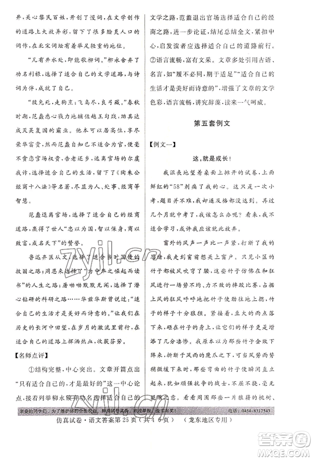 延邊人民出版社2022仿真試卷語文通用版龍東地區(qū)專版參考答案