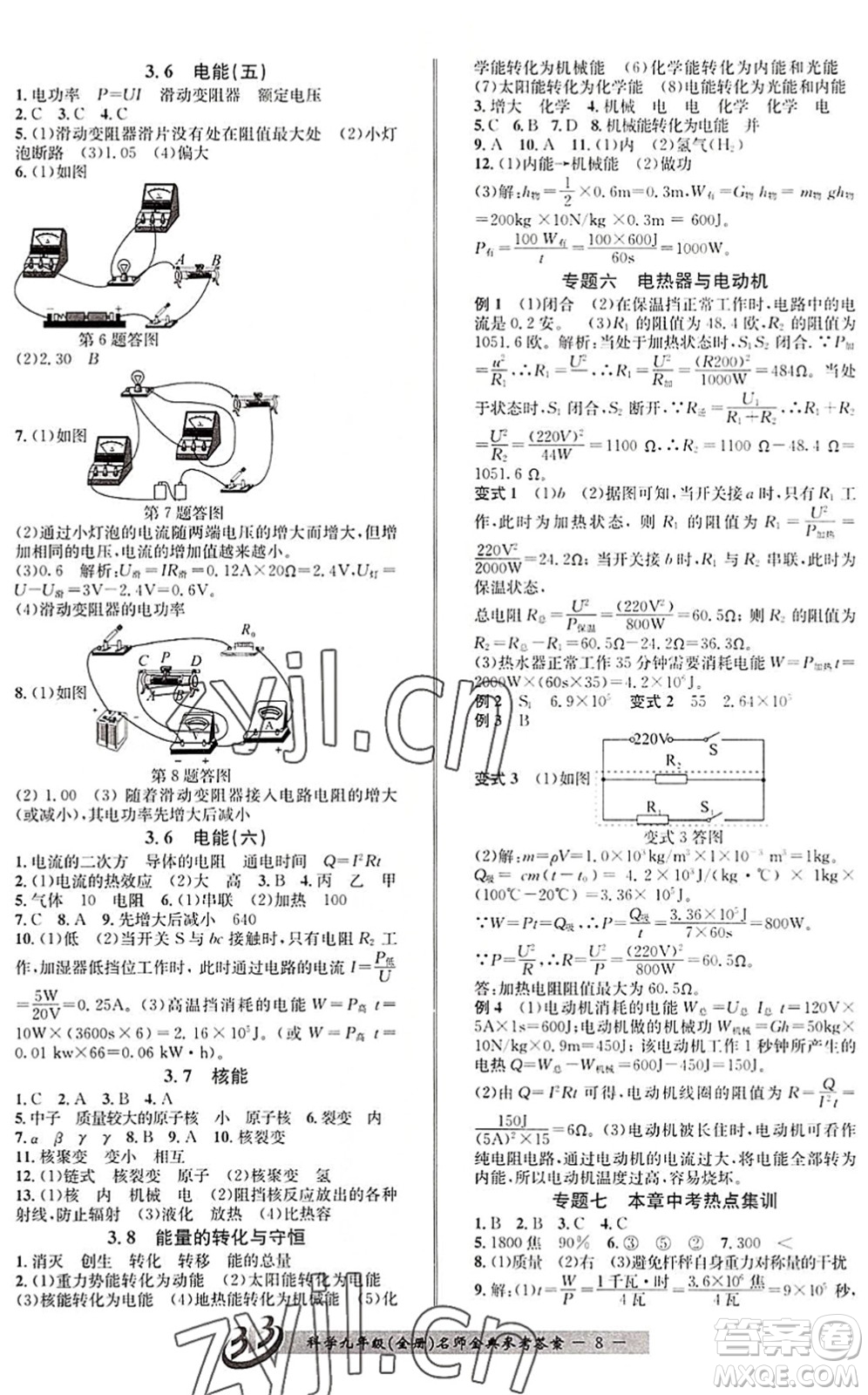 云南科技出版社2022名師金典BFB初中課時優(yōu)化九年級科學全一冊浙教版答案