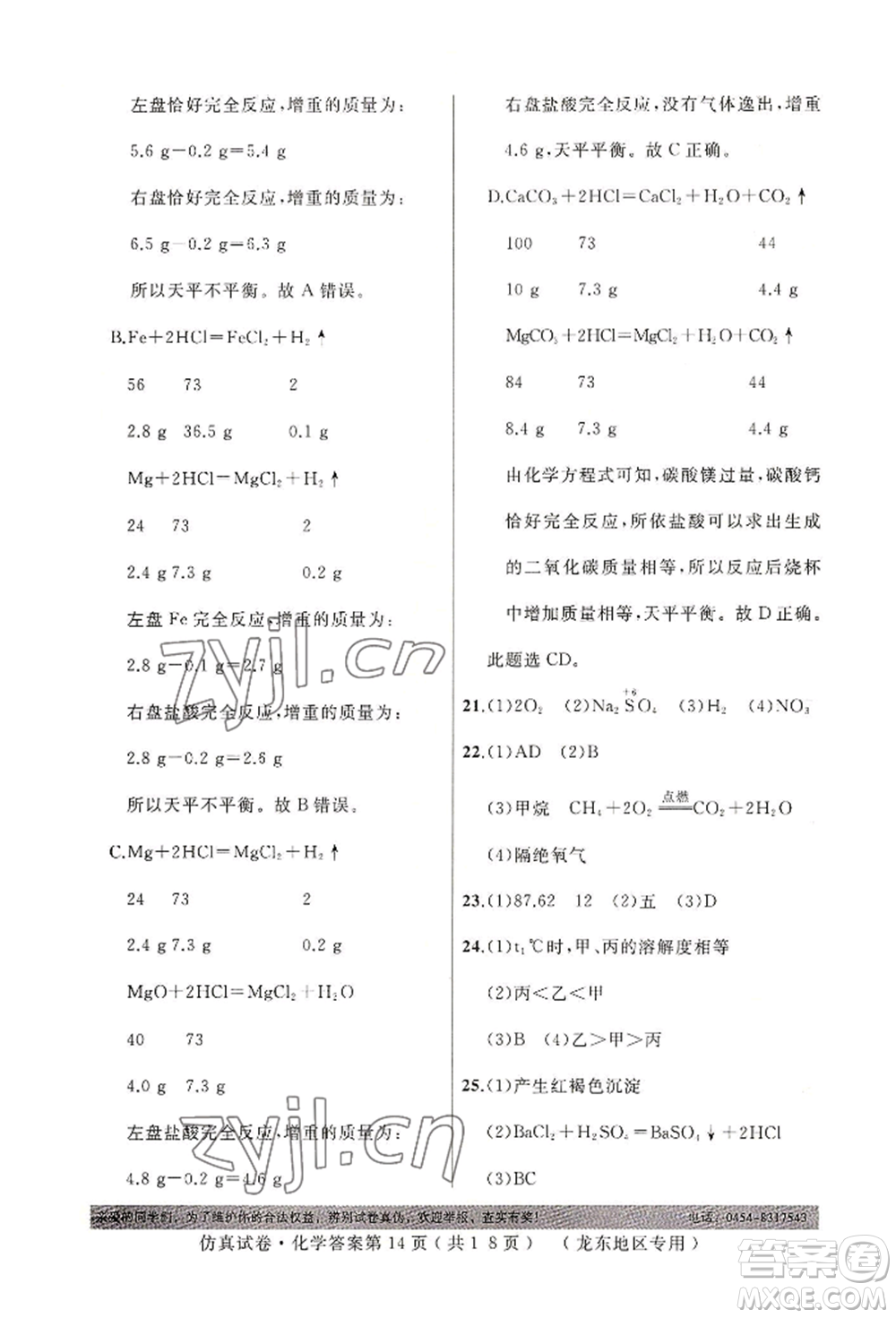 延邊人民出版社2022仿真試卷化學(xué)通用版龍東地區(qū)專版參考答案