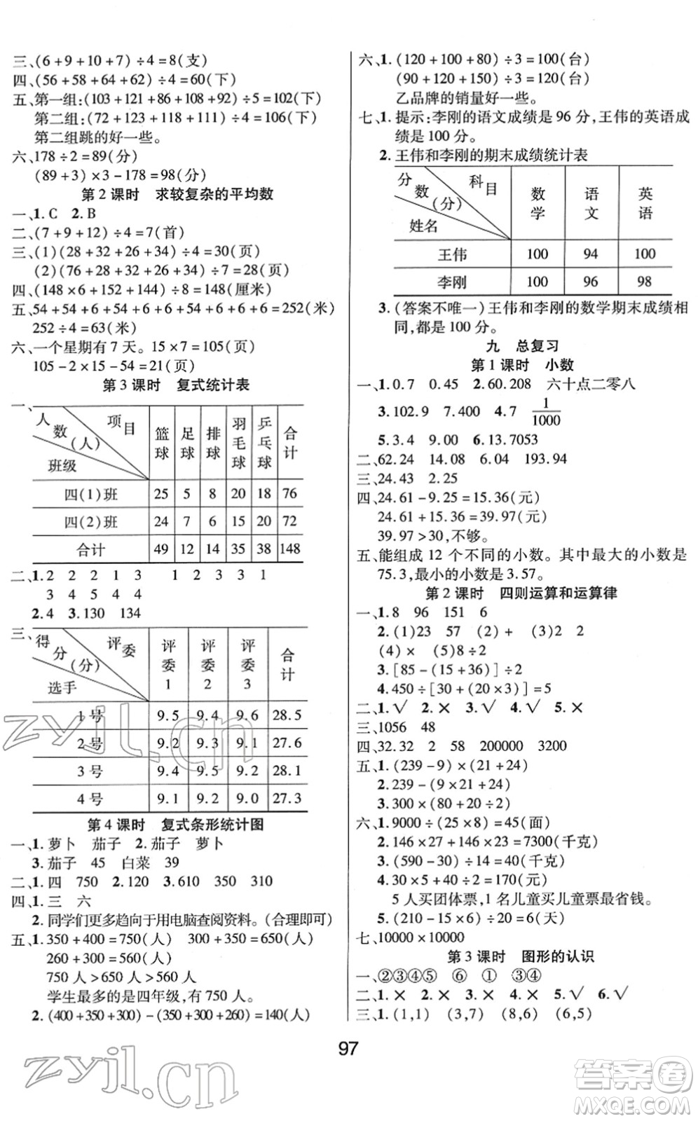 吉林教育出版社2022優(yōu)佳隨堂練四年級數(shù)學(xué)下冊XS西師版答案