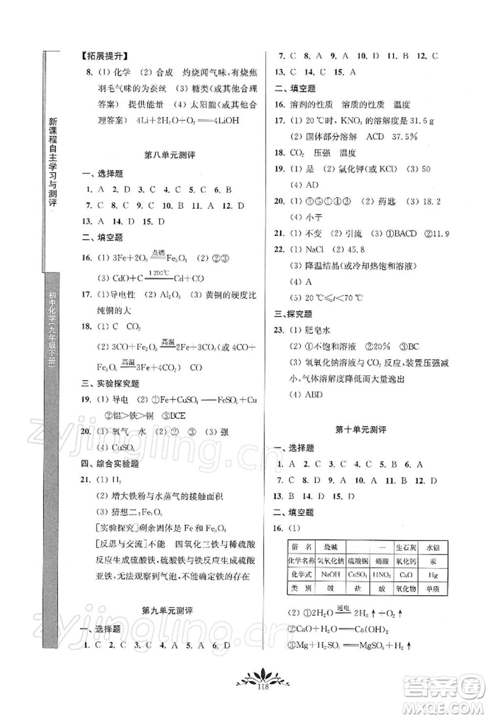 南京師范大學(xué)出版社2022新課程自主學(xué)習(xí)與測(cè)評(píng)九年級(jí)下冊(cè)化學(xué)人教版參考答案