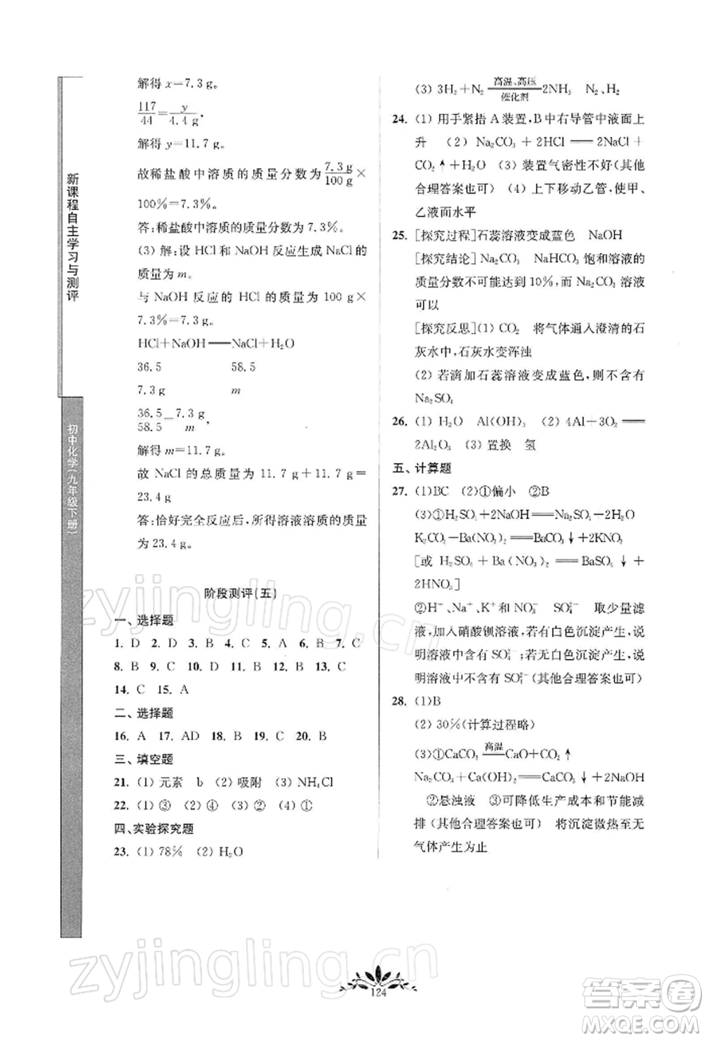 南京師范大學(xué)出版社2022新課程自主學(xué)習(xí)與測(cè)評(píng)九年級(jí)下冊(cè)化學(xué)人教版參考答案