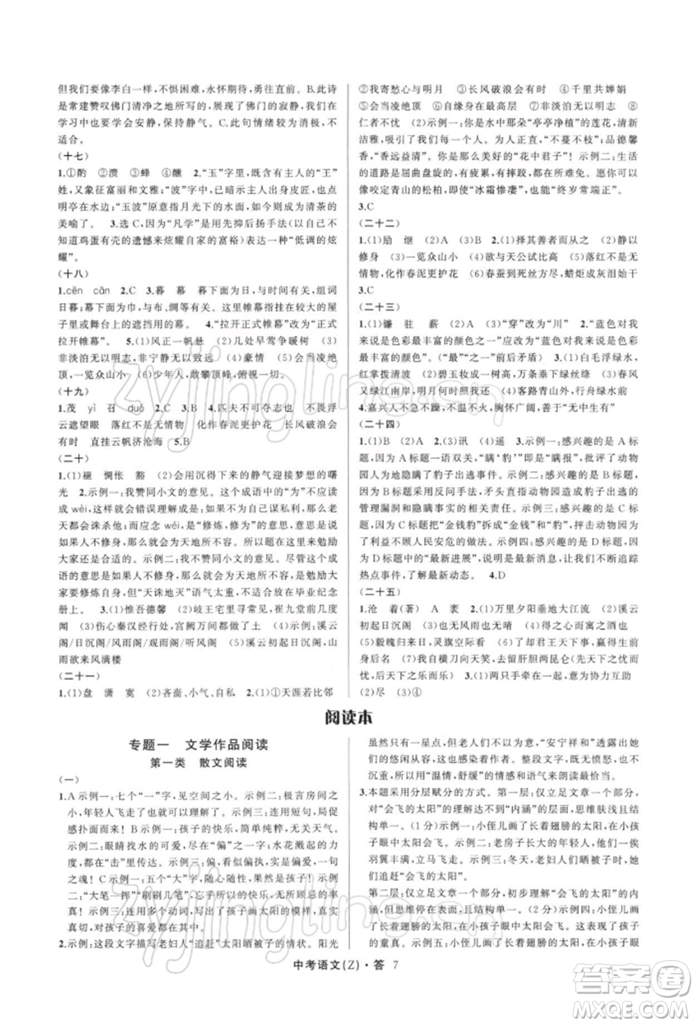 浙江工商大學(xué)出版社2022名師面對面中考滿分特訓(xùn)方案語文通用版浙江專版參考答案