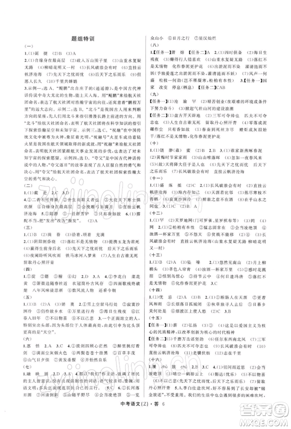 浙江工商大學(xué)出版社2022名師面對面中考滿分特訓(xùn)方案語文通用版浙江專版參考答案