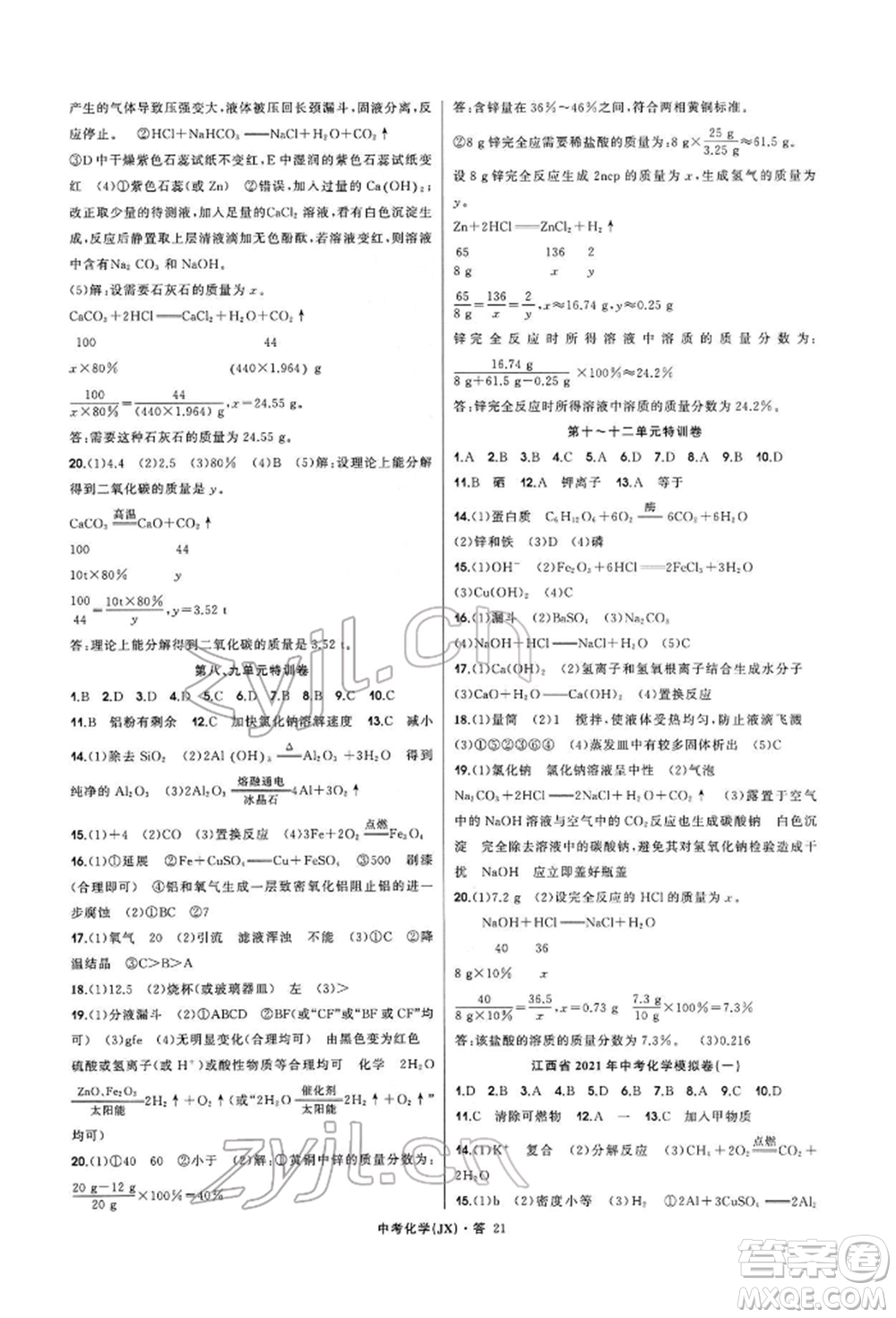 浙江工商大學出版社2022名師面對面中考滿分特訓方案化學通用版江西專版參考答案