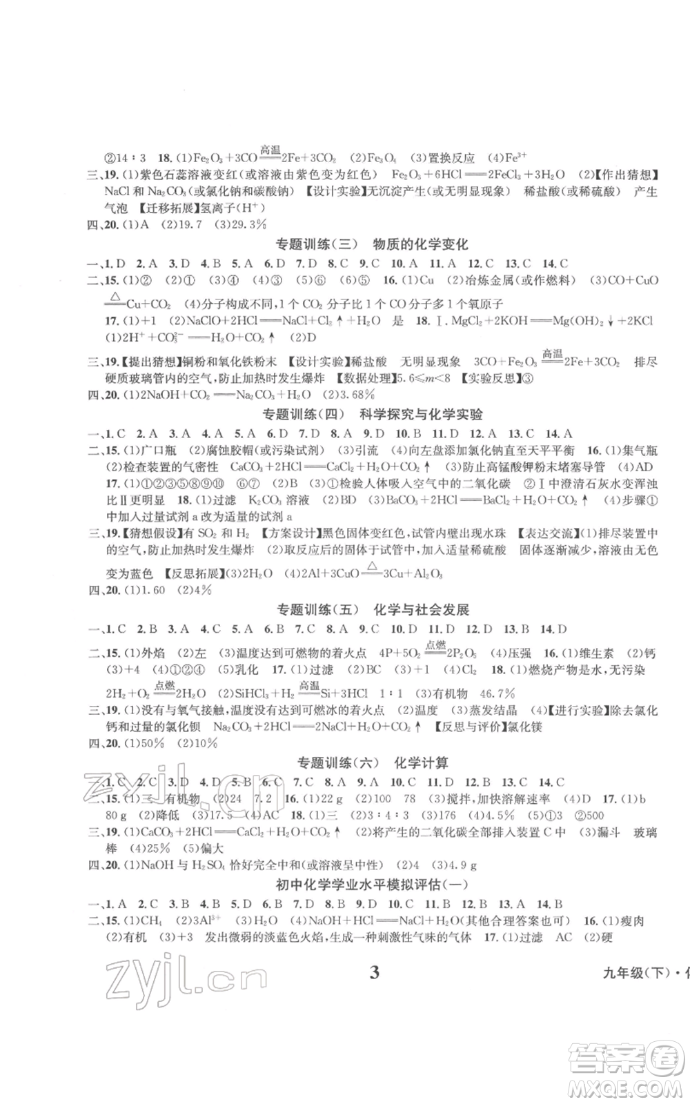 天地出版社2022學(xué)業(yè)質(zhì)量測試簿九年級(jí)化學(xué)下冊(cè)通用版參考答案