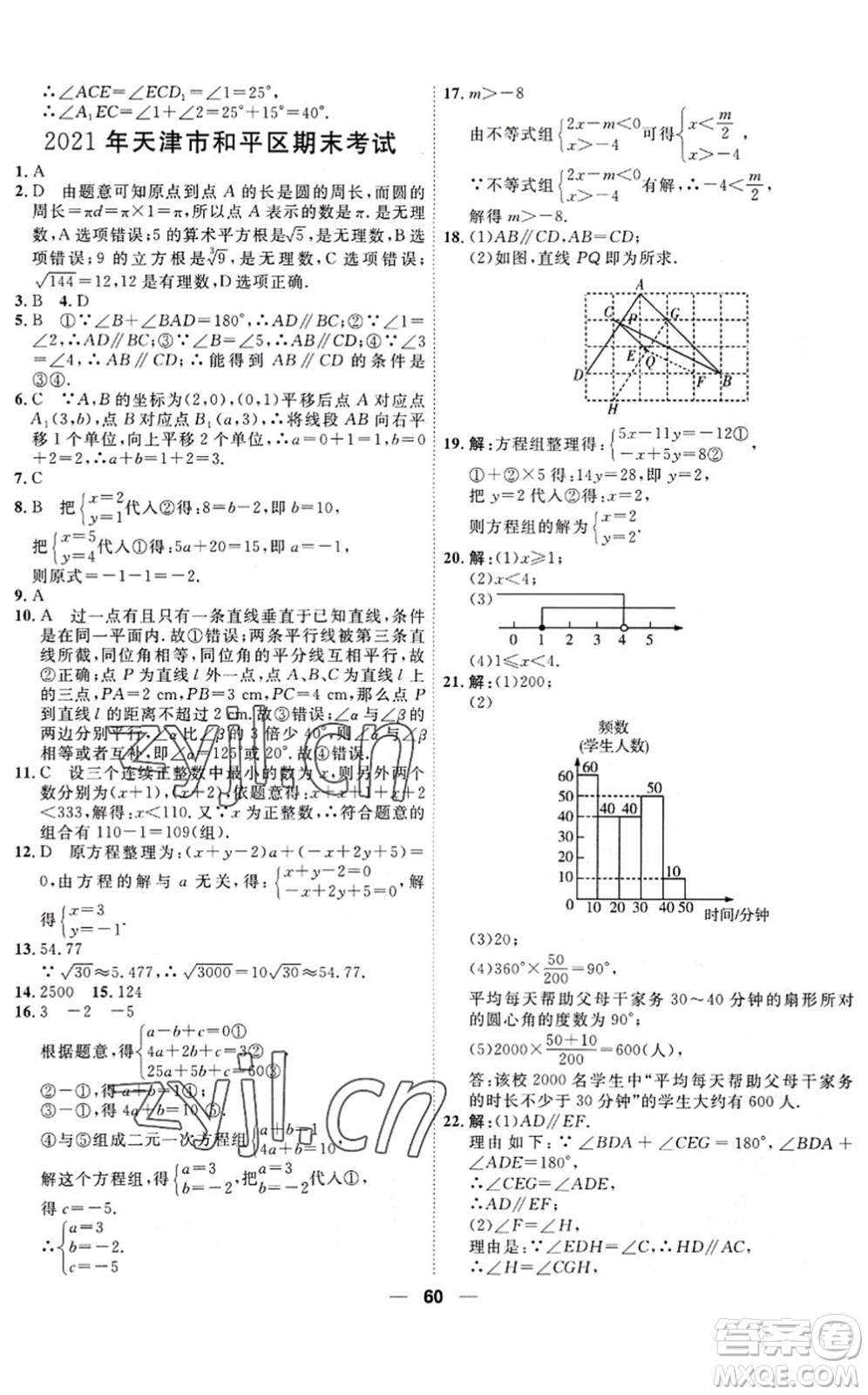 天津人民出版社2022一飛沖天小復(fù)習(xí)七年級數(shù)學(xué)下冊人教版答案