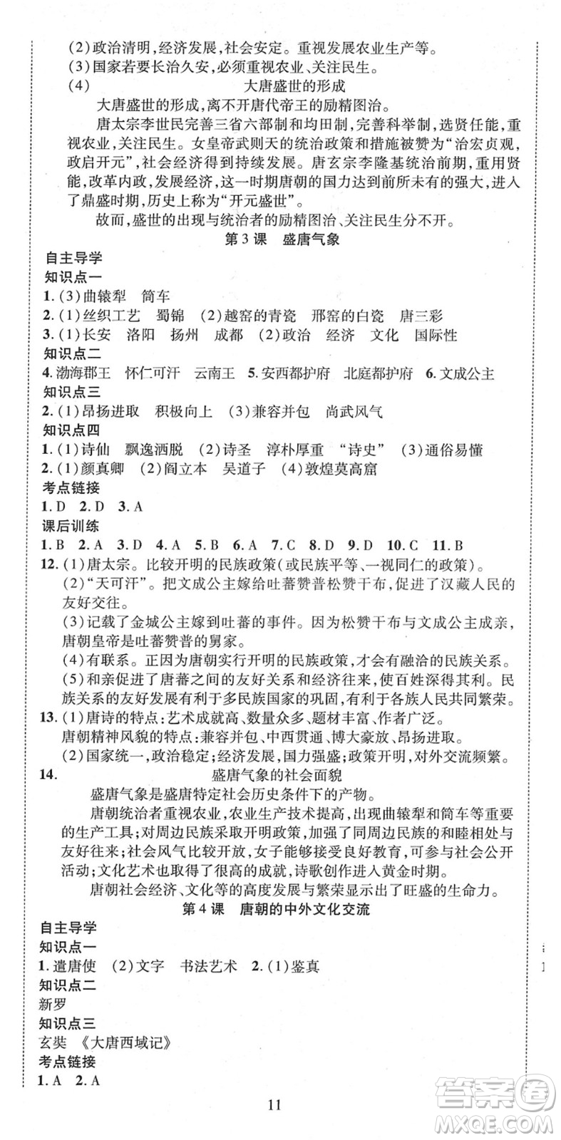 延邊教育出版社2022暢行課堂七年級歷史下冊RJB人教版山西專版答案