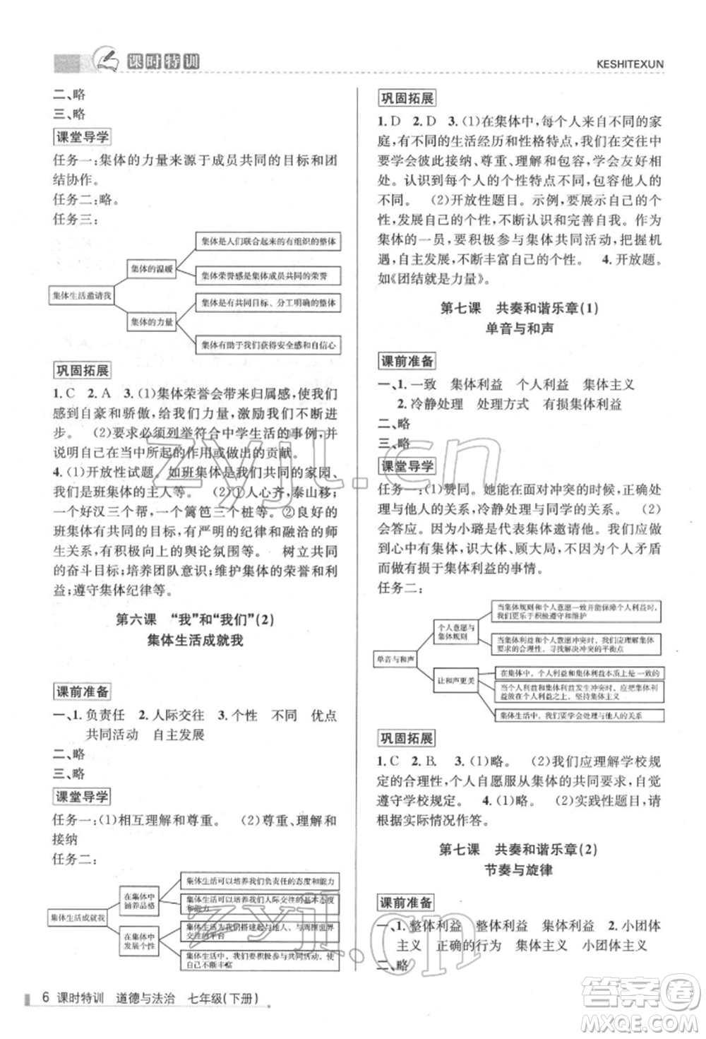 浙江人民出版社2022課時(shí)特訓(xùn)七年級(jí)下冊(cè)道德與法治通用版參考答案