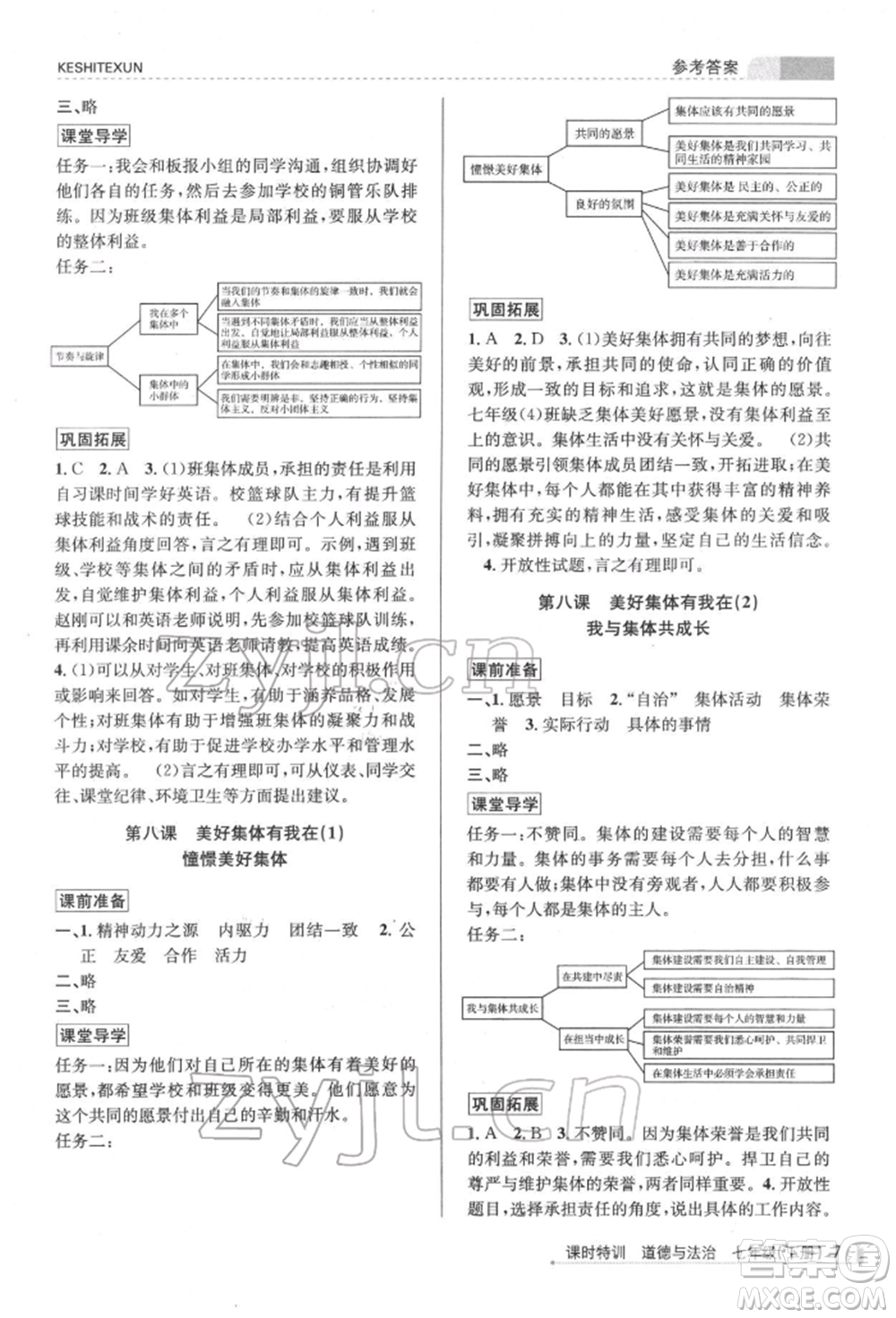 浙江人民出版社2022課時(shí)特訓(xùn)七年級(jí)下冊(cè)道德與法治通用版參考答案