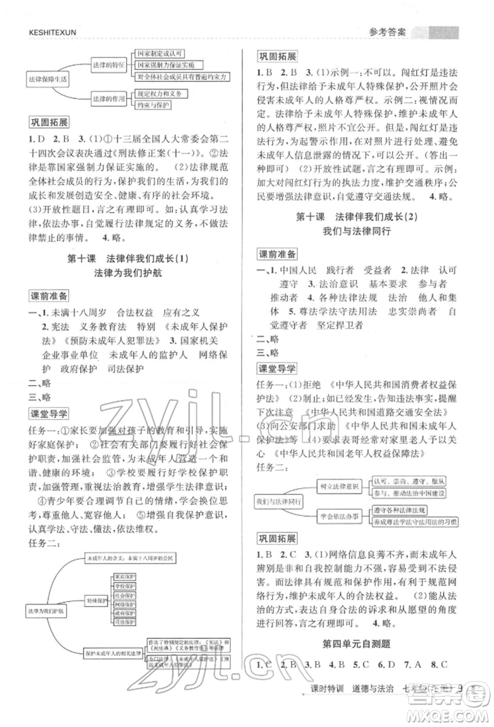 浙江人民出版社2022課時(shí)特訓(xùn)七年級(jí)下冊(cè)道德與法治通用版參考答案