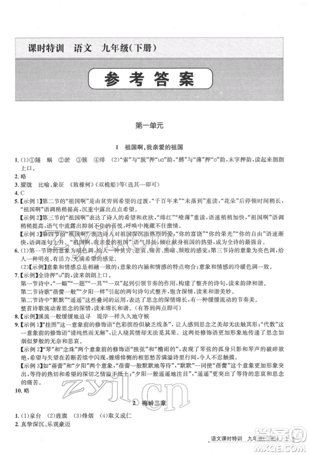 浙江人民出版社2022課時(shí)特訓(xùn)九年級(jí)下冊(cè)語文人教版參考答案