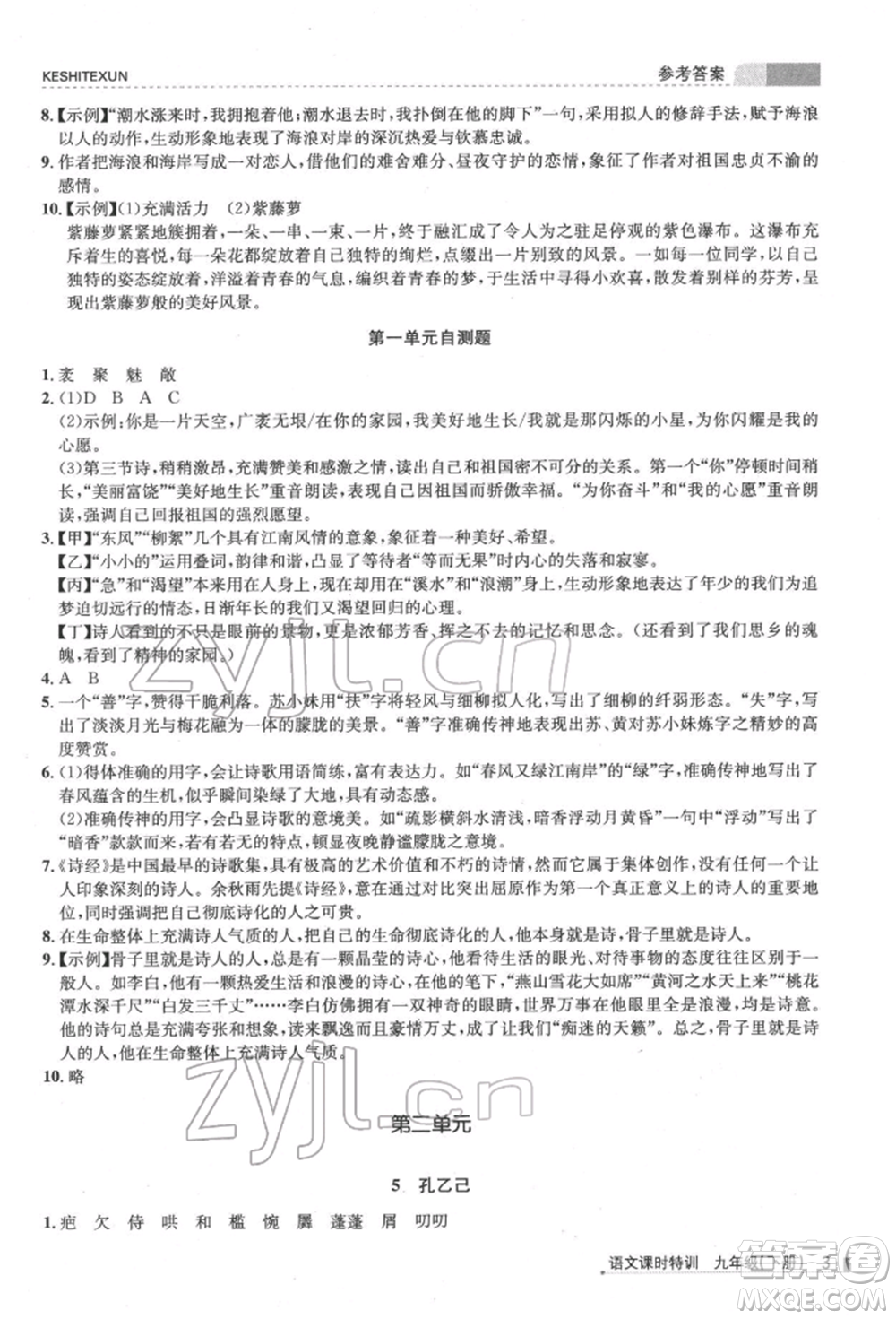 浙江人民出版社2022課時(shí)特訓(xùn)九年級(jí)下冊(cè)語文人教版參考答案