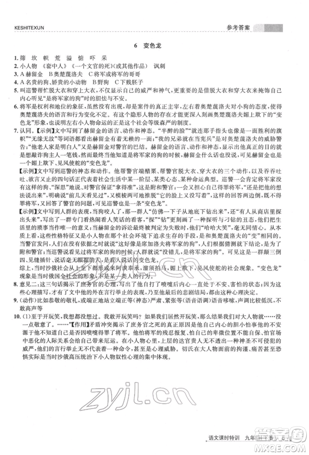 浙江人民出版社2022課時(shí)特訓(xùn)九年級(jí)下冊(cè)語文人教版參考答案