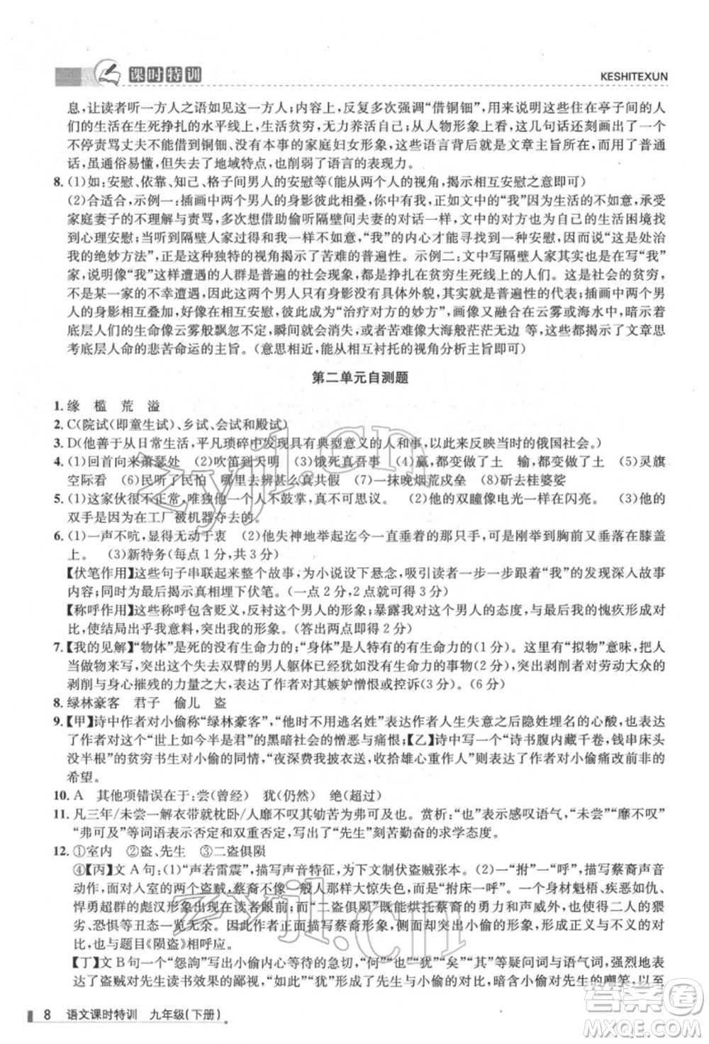 浙江人民出版社2022課時(shí)特訓(xùn)九年級(jí)下冊(cè)語文人教版參考答案