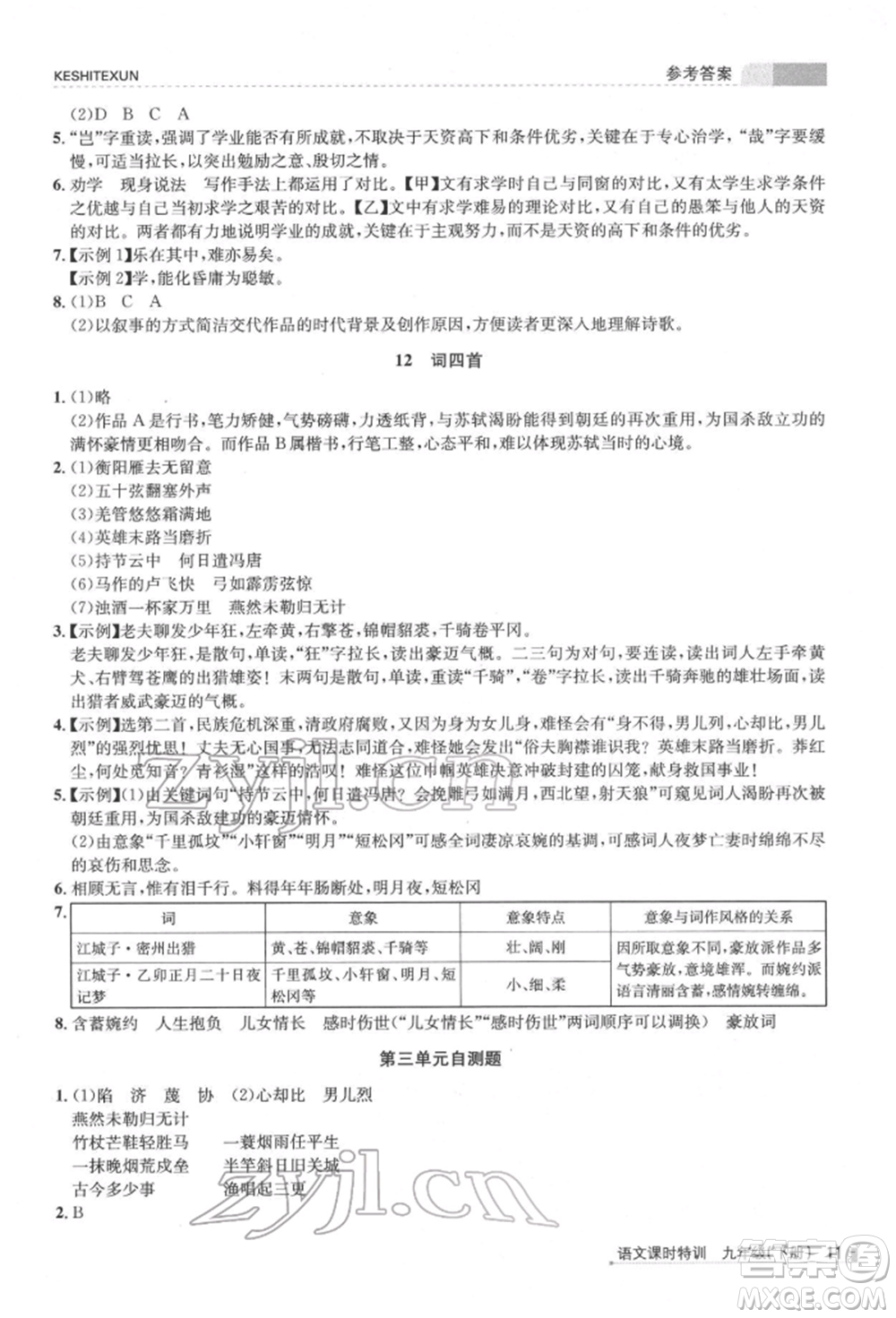 浙江人民出版社2022課時(shí)特訓(xùn)九年級(jí)下冊(cè)語文人教版參考答案