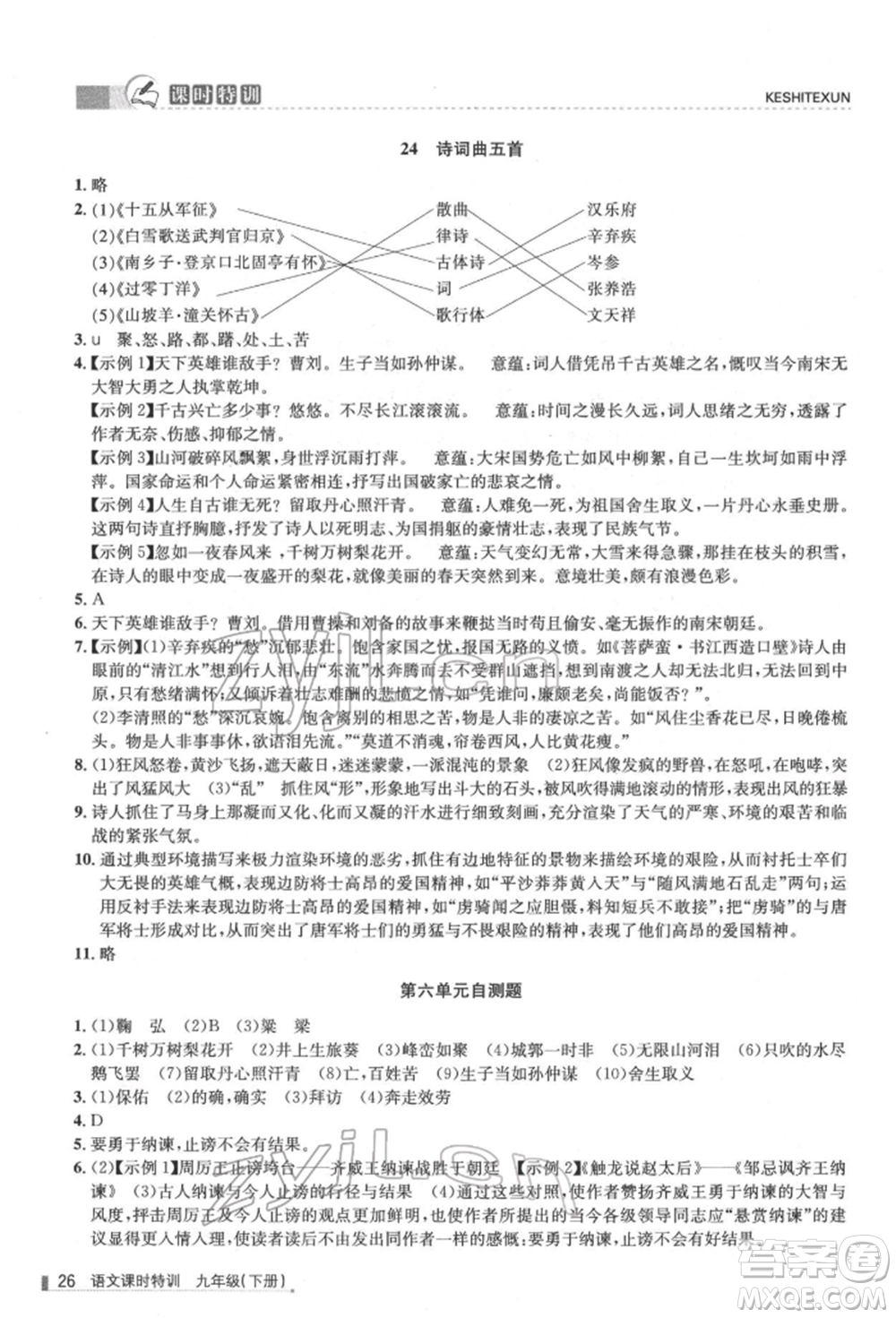 浙江人民出版社2022課時(shí)特訓(xùn)九年級(jí)下冊(cè)語文人教版參考答案