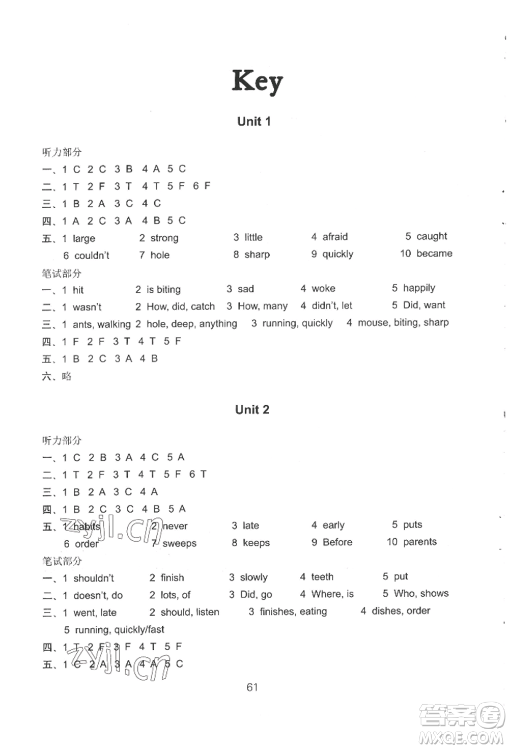 譯林出版社2022課課練小學(xué)英語(yǔ)活頁(yè)卷五年級(jí)下冊(cè)通用版參考答案