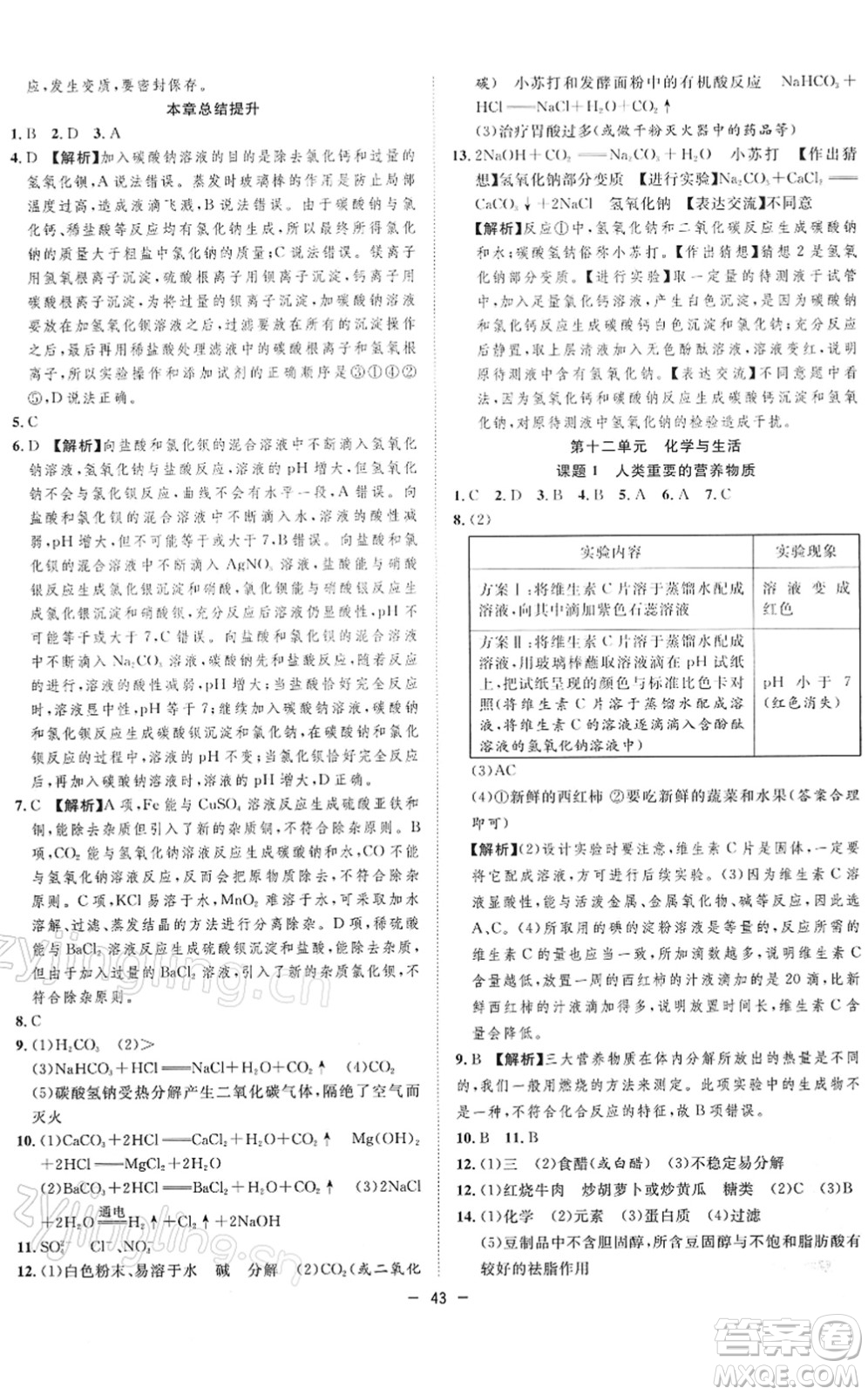 合肥工業(yè)大學(xué)出版社2022全頻道課時(shí)作業(yè)九年級(jí)化學(xué)下冊(cè)RJ人教版答案