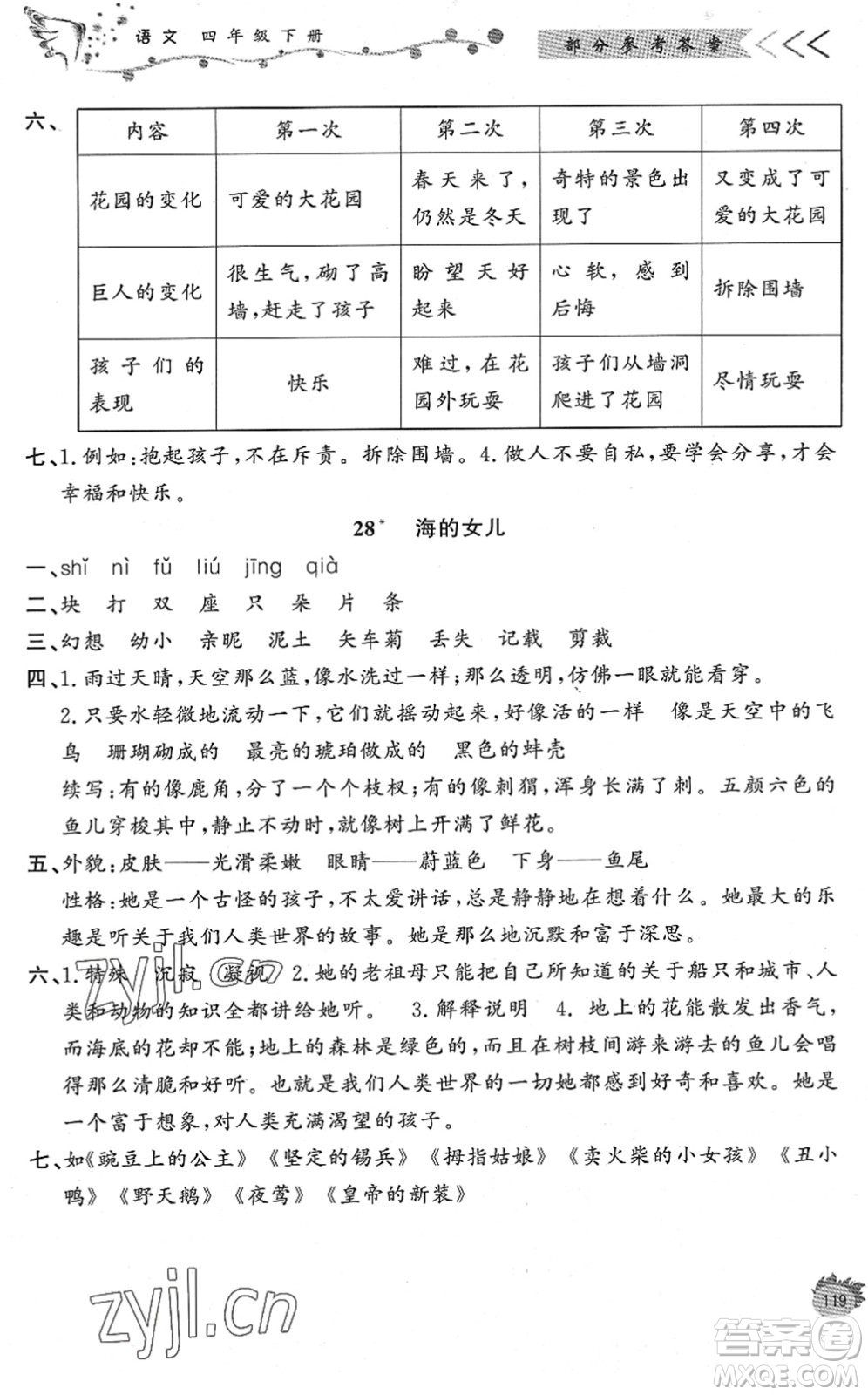 濟南出版社2022小學(xué)課外作業(yè)四年級語文下冊人教版DY東營專版答案