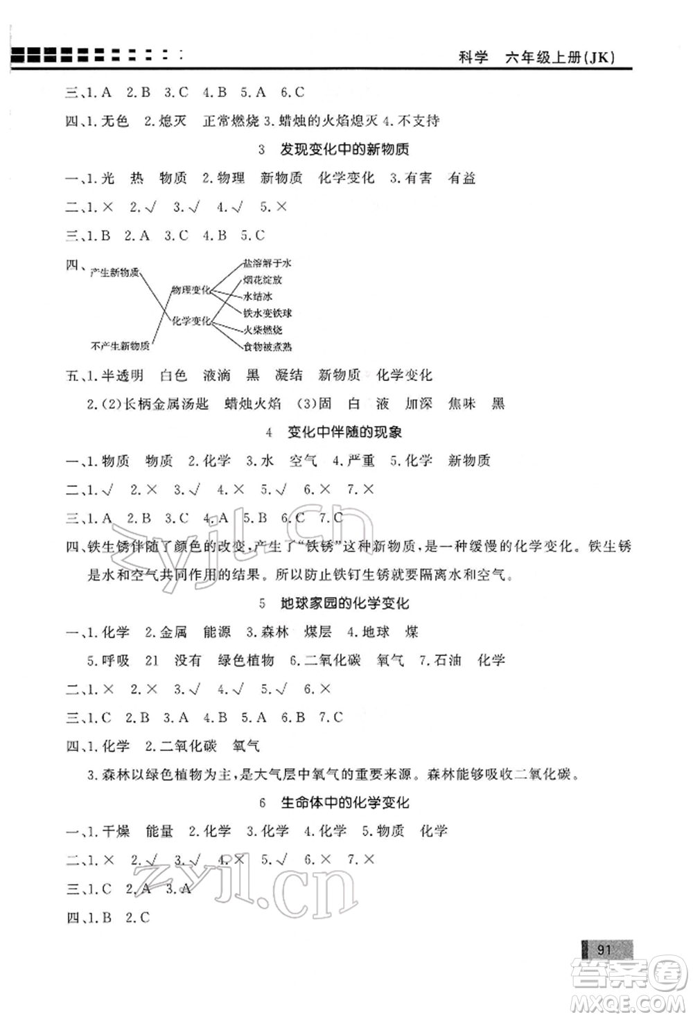 花山文藝出版社2022學習力提升達標六年級下冊科學教科版參考答案