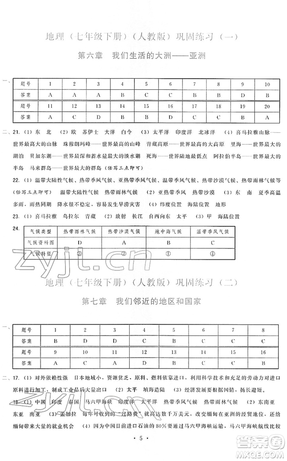 福建人民出版社2022頂尖課課練七年級地理下冊人教版答案