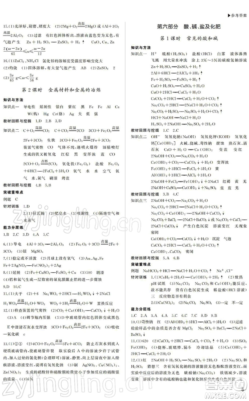 內(nèi)蒙古大學出版社2022超越中考九年級化學下冊人教版答案