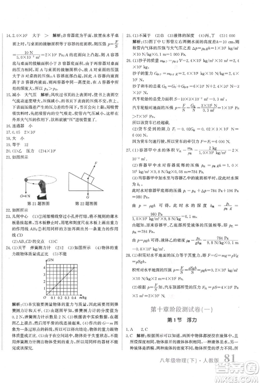 北京教育出版社2022提分教練優(yōu)學(xué)導(dǎo)練測(cè)試卷八年級(jí)下冊(cè)物理人教版參考答案