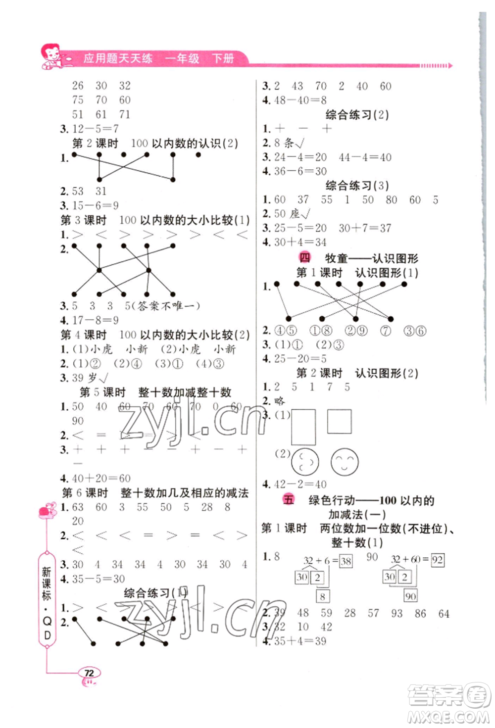 山東畫報(bào)出版社2022應(yīng)用題天天練一年級(jí)下冊數(shù)學(xué)青島版參考答案