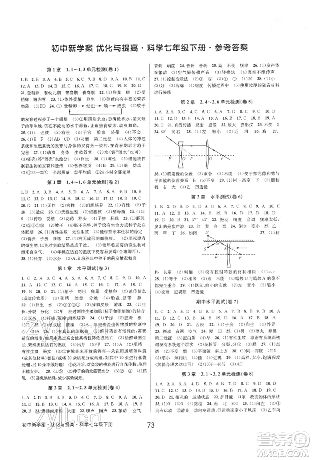 天津科學(xué)技術(shù)出版社2022初中新學(xué)案優(yōu)化與提高七年級下冊科學(xué)A浙教版參考答案