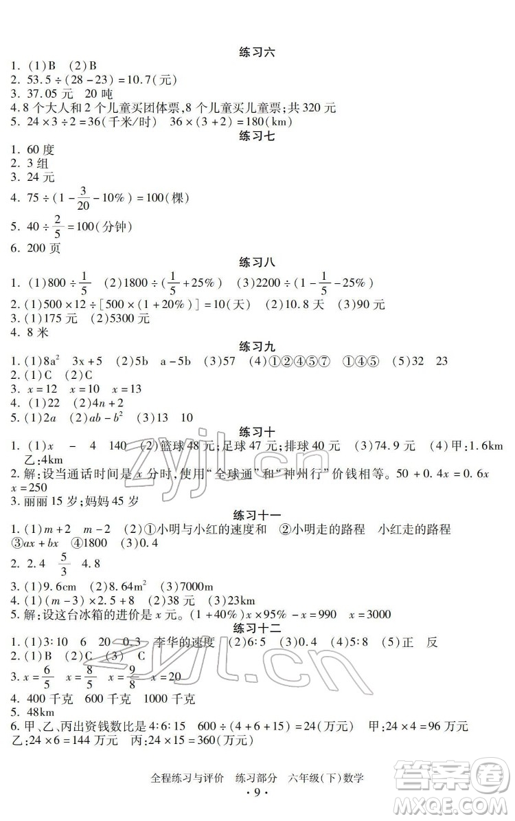 浙江人民出版社2022全程練習(xí)與評價六年級下冊數(shù)學(xué)人教版答案