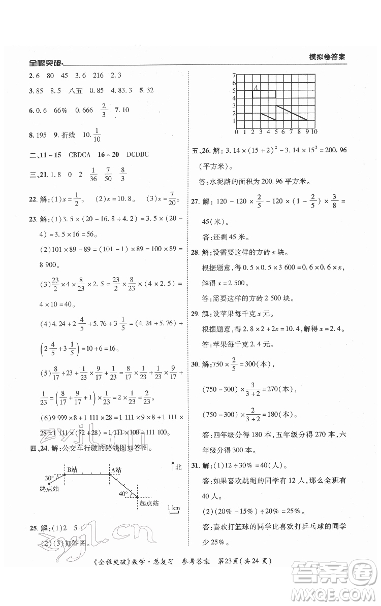 北方婦女兒童出版社2022全程突破六年級(jí)數(shù)學(xué)廣東專版答案