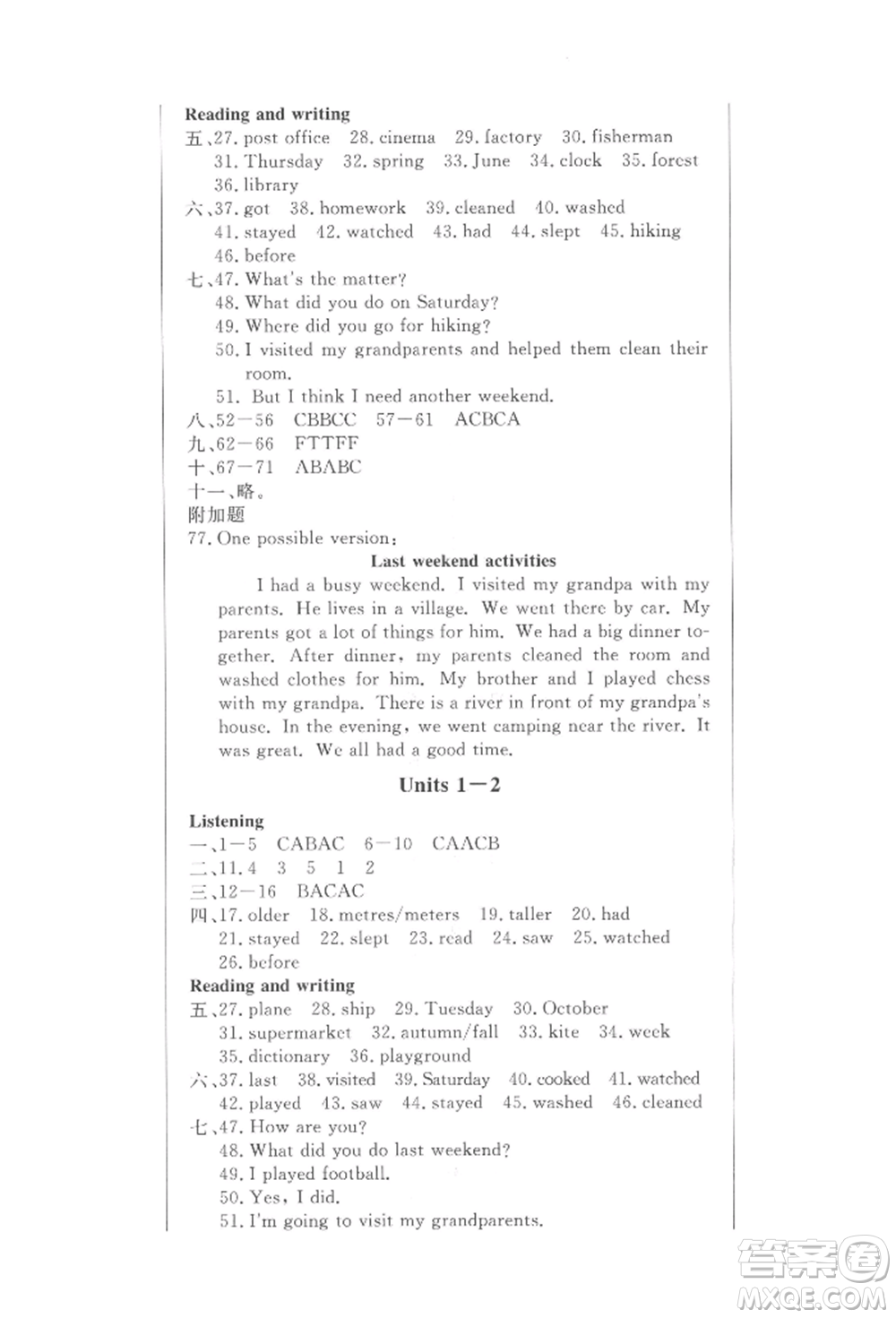 西安出版社2022狀元坊全程突破導(dǎo)練測六年級下冊英語人教版佛山專版參考答案