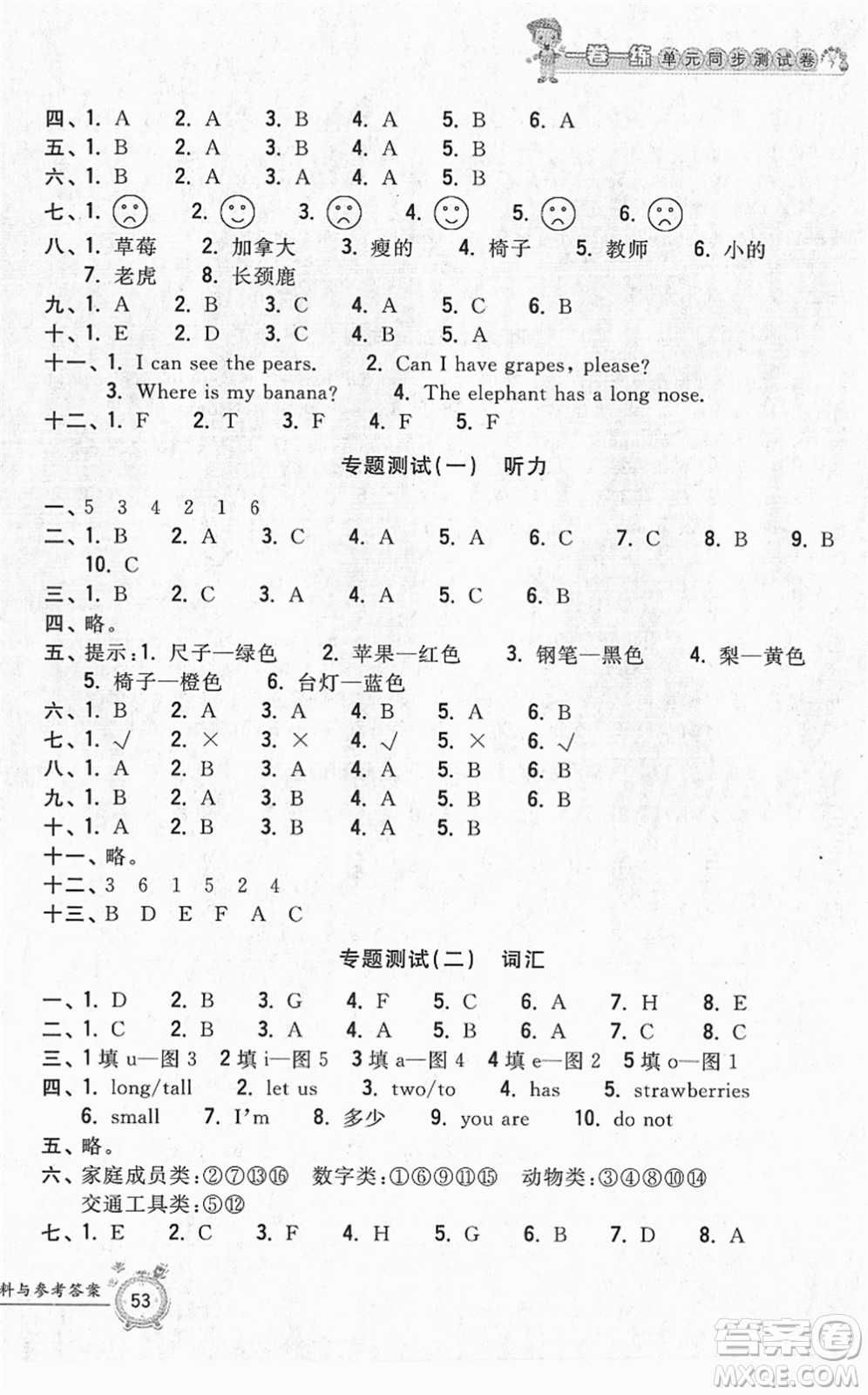 浙江工商大學(xué)出版社2022一卷一練單元同步測試卷三年級英語下冊PEP版答案