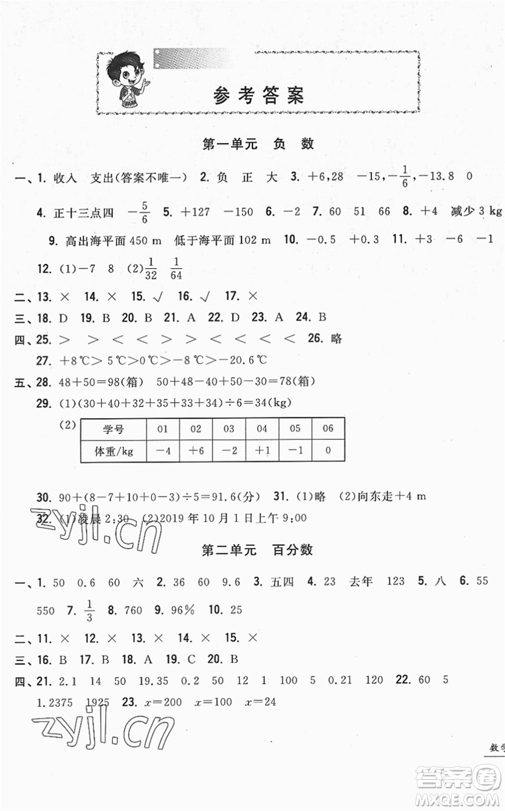 浙江工商大學(xué)出版社2022一卷一練單元同步測(cè)試卷六年級(jí)數(shù)學(xué)下冊(cè)R人教版答案