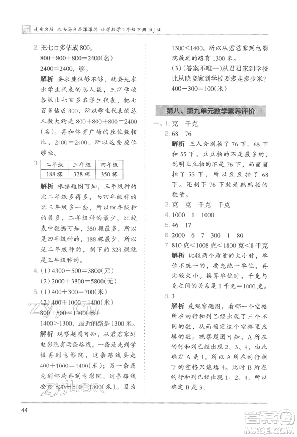 湖南師范大學(xué)出版社2022木頭馬分層課課練二年級下冊數(shù)學(xué)人教版參考答案