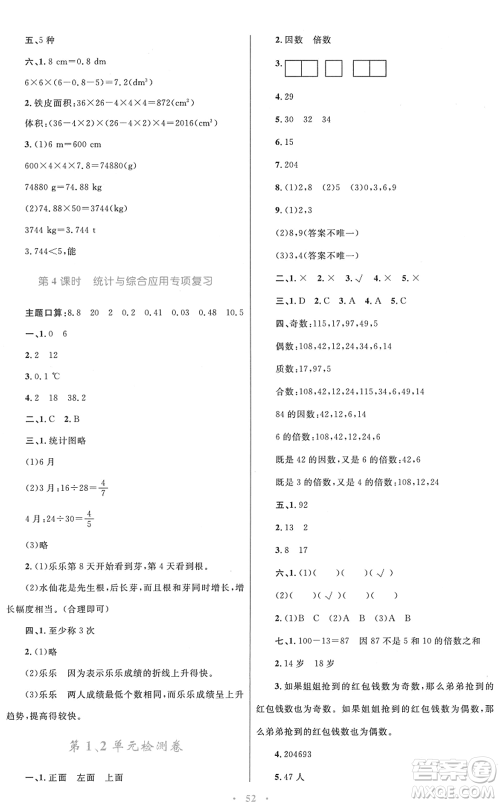 青海人民出版社2022快樂練練吧同步練習(xí)五年級數(shù)學(xué)下冊人教版青海專用答案