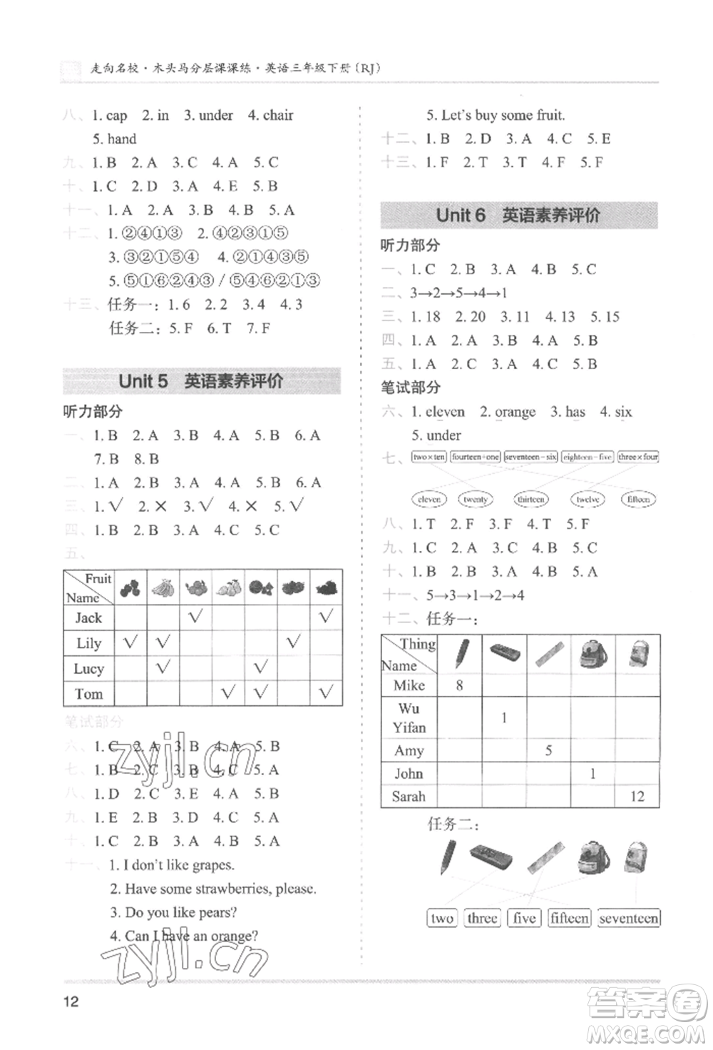 湖南師范大學出版社2022木頭馬分層課課練三年級下冊英語人教版參考答案