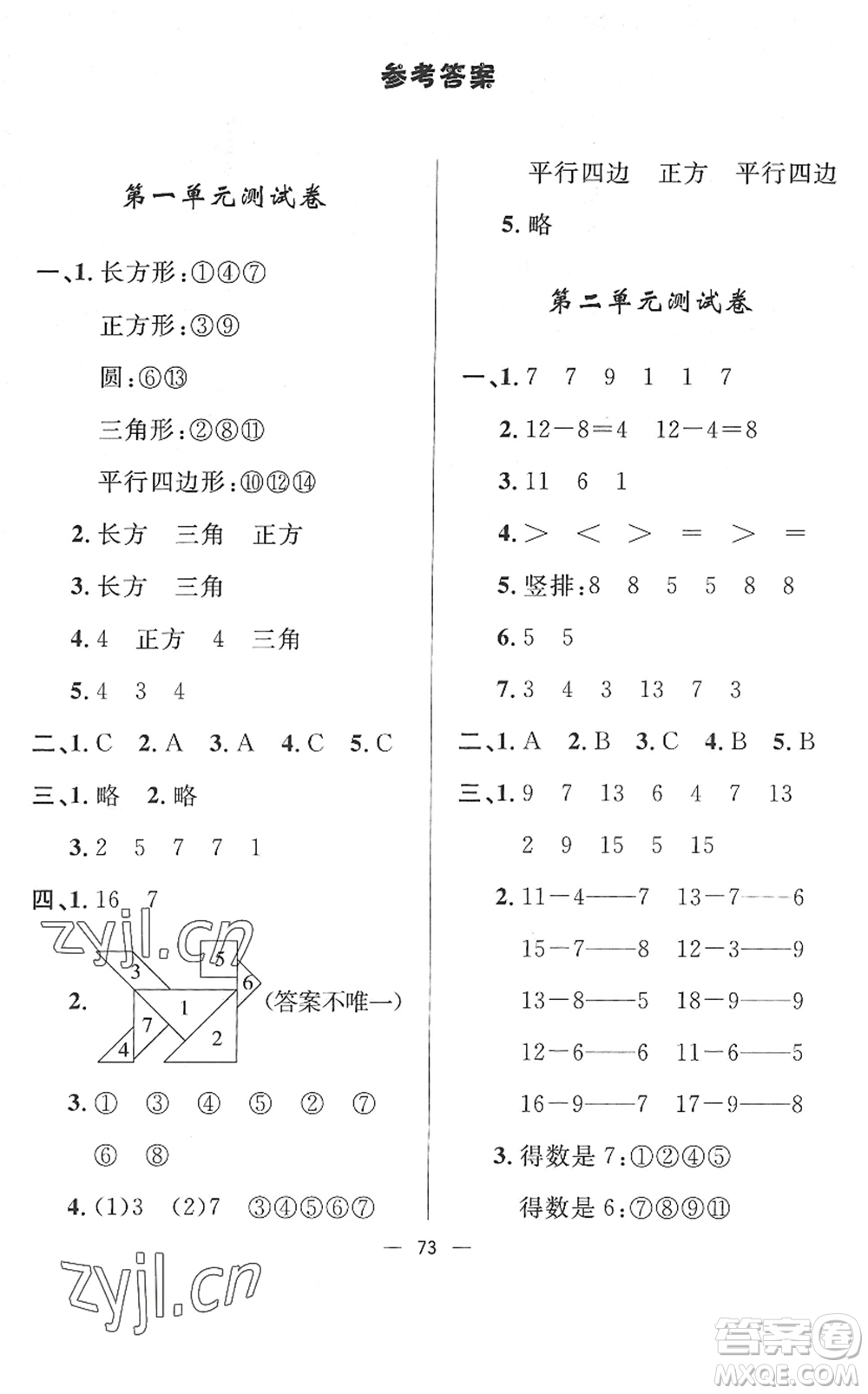 山東畫報(bào)出版社2022一課三練單元測試一年級數(shù)學(xué)下冊RJ人教版答案