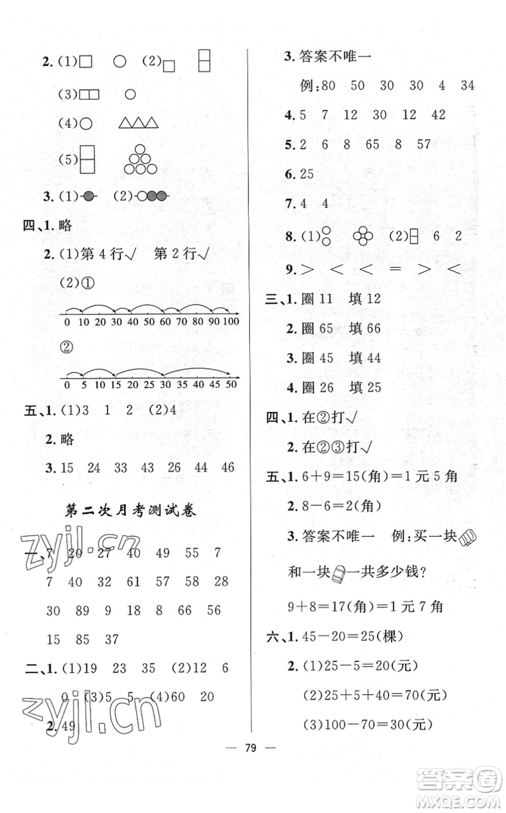 山東畫報(bào)出版社2022一課三練單元測試一年級數(shù)學(xué)下冊RJ人教版答案