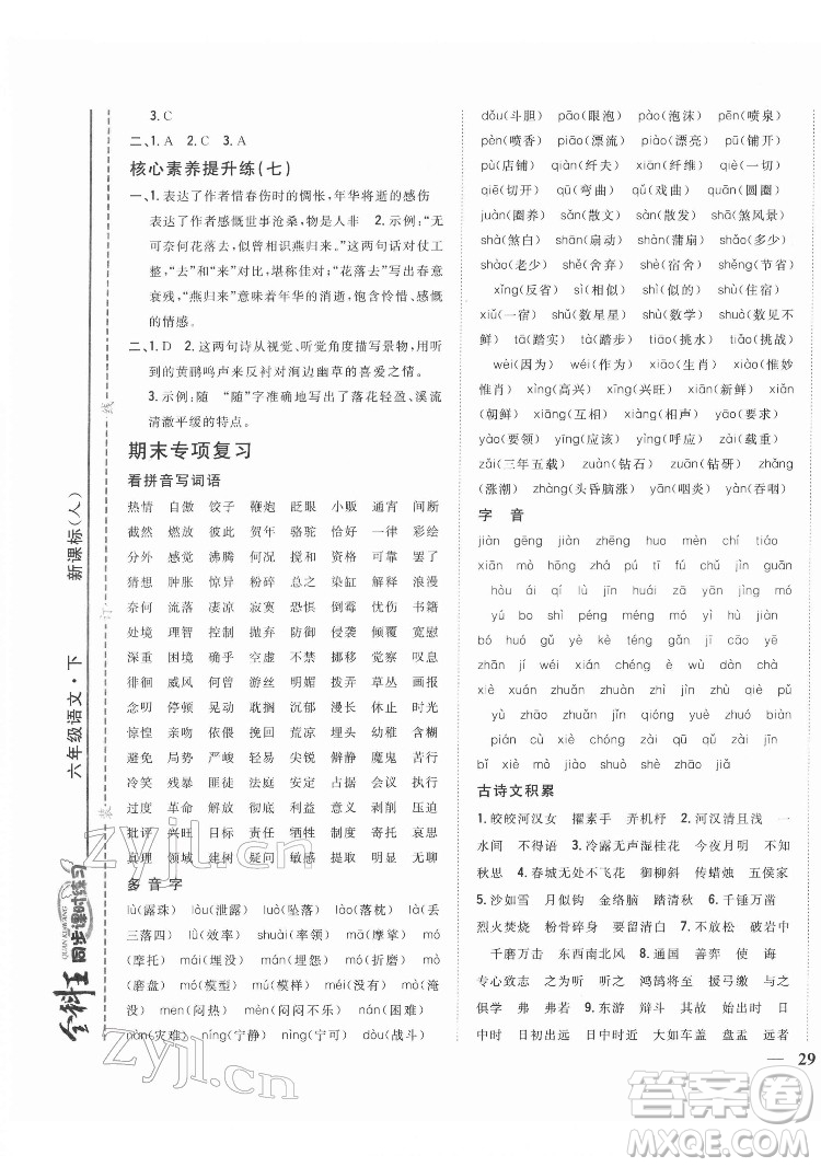 吉林人民出版社2022全科王同步課時練習語文六年級下冊新課標人教版答案