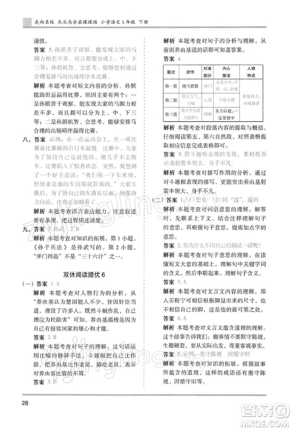 湖南師范大學出版社2022木頭馬分層課課練五年級下冊語文人教版浙江專版參考答案