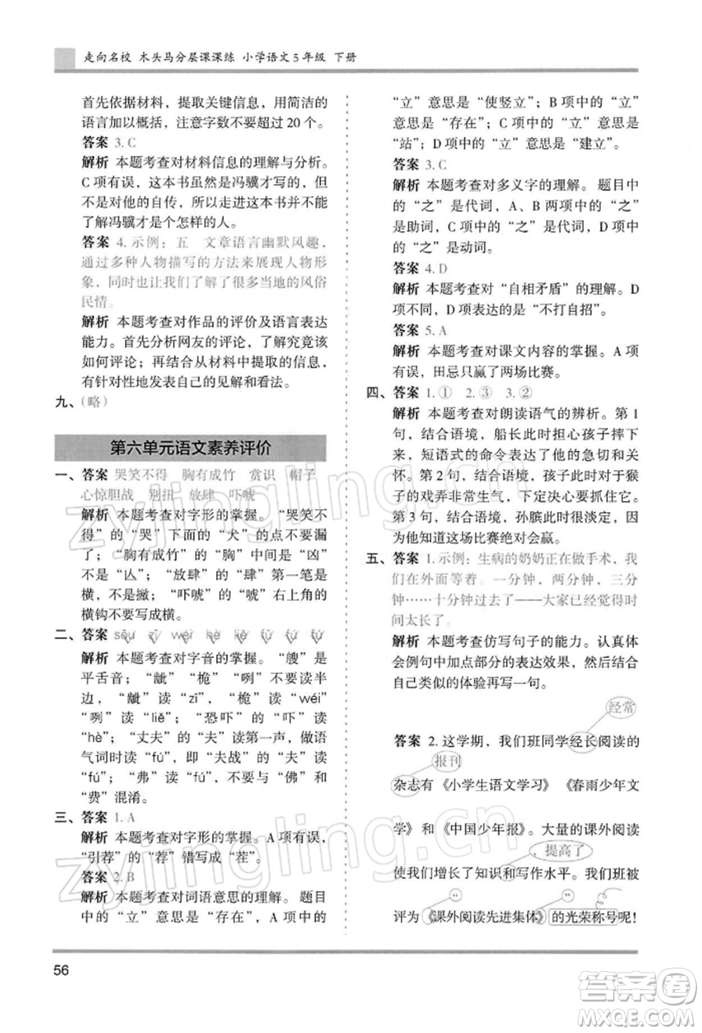 湖南師范大學出版社2022木頭馬分層課課練五年級下冊語文人教版浙江專版參考答案