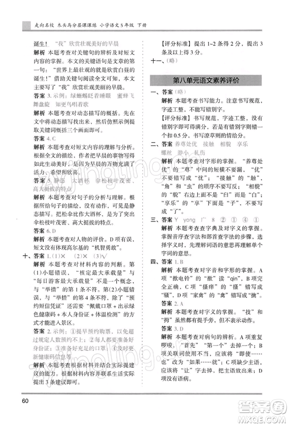 湖南師范大學出版社2022木頭馬分層課課練五年級下冊語文人教版浙江專版參考答案